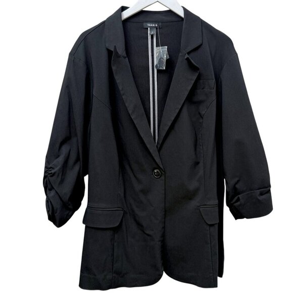 TORRID Black Blazer Plus Size 4X (Torrid 4) Stretch 3/4 Ruched Sleeve Jacket NWT - Picture 1 of 10